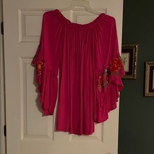 Umgee Fuchsia Ruffled Blouse with Floral Accents